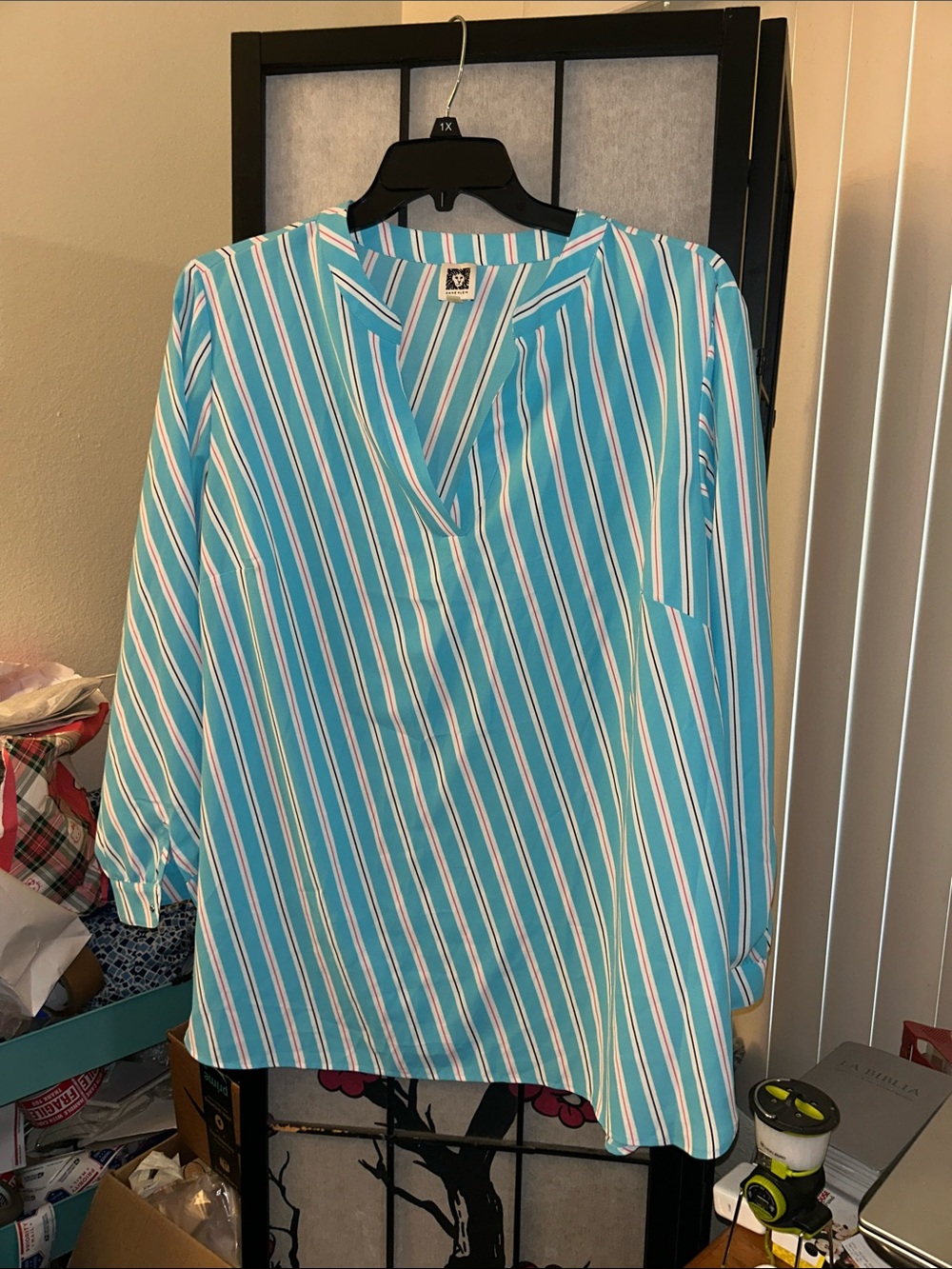 Anne Klein Teal Striped Split-Neck Blouse - Picture 1 of 8